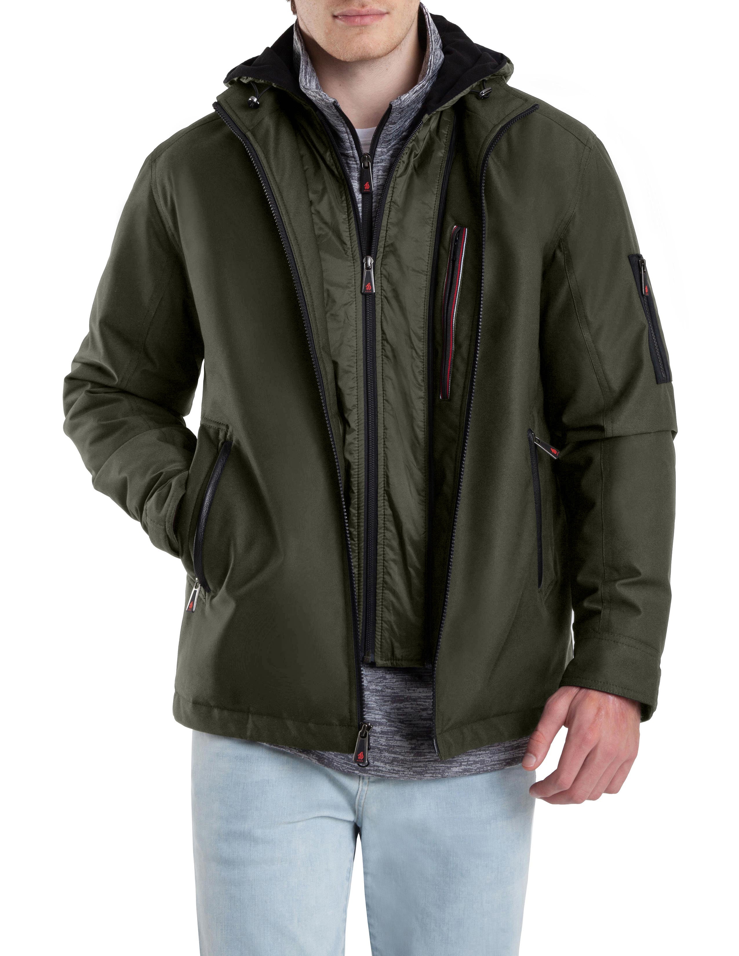 Men's Modern Outdoor Removable Mock Vest/Hood Hipster Jacket - Olive ...